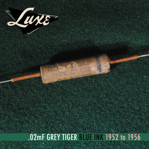 1952-1956 Grey Tiger: Single Wax Impregnated .02mF Capacitor (Blue Ink)