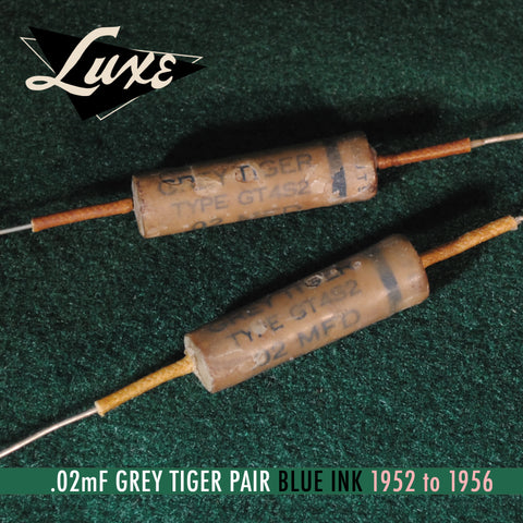 1952-1956 Grey Tiger: Matched Pair of Wax Impregnated .02mF Capacitors (Blue Ink)