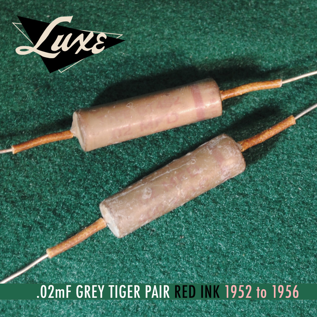 1952-1956 Grey Tiger: Matched Pair of Wax Impregnated .02mF Capacitors (Red Ink)